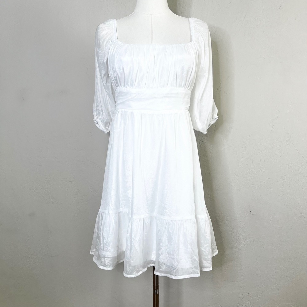 Lulus Ethereal Arrival White Square Neck Puff‎ Sleeve Tie Back Mini Dress Medium